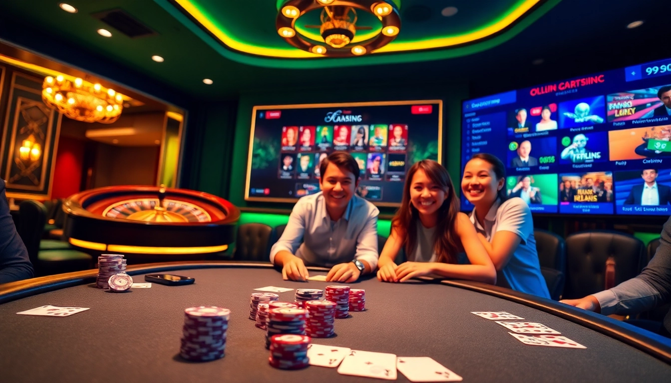 Engaged players enjoying a thrilling poker game at 99ok's luxurious casino scene.