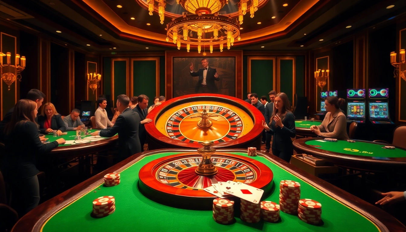 Exciting casino atmosphere featuring u88 slot machines, poker chips, and a roulette wheel.