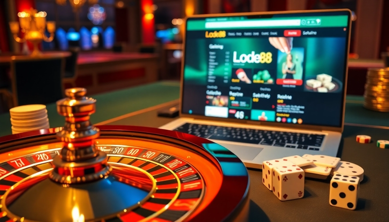 Exciting gambling scene highlighting nhà cái lode88 with roulette and poker elements.
