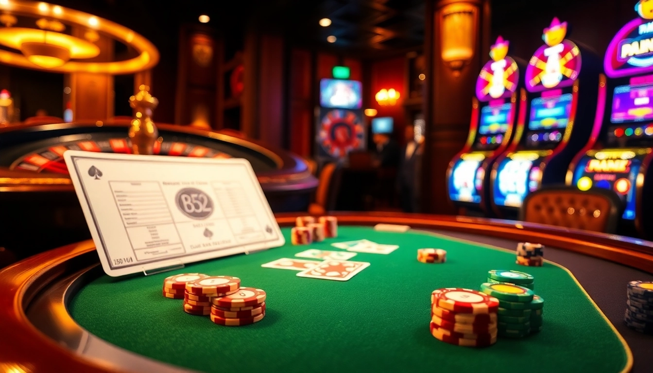 Exciting b52 poker action on a luxurious casino table with vibrant chips and cards.