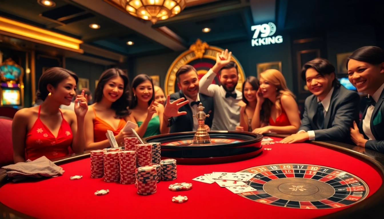 Experience the excitement of 79KING with luxurious casino gaming visuals featuring poker tables and roulette.