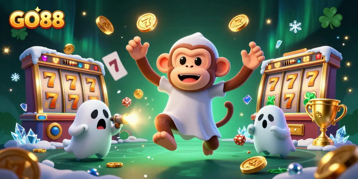 Experience thrilling gaming action at GO88 with a lively scene of a playful monkey juggling golden casino treasures.
