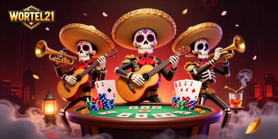 Engage with WORTEL21's thrilling atmosphere, featuring a vibrant mariachi band at a poker table.