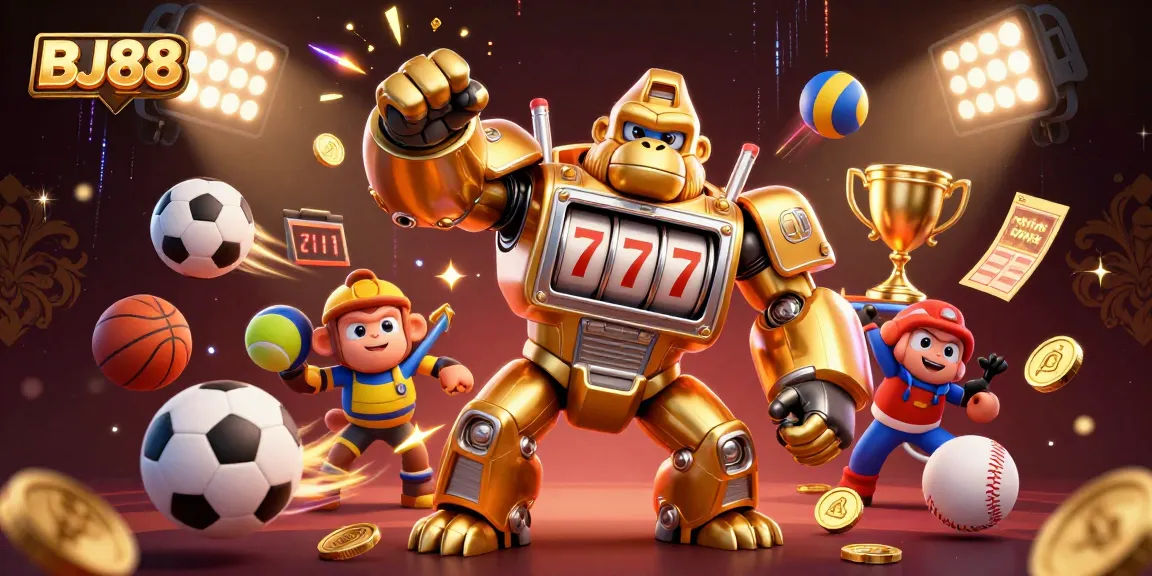 BJ88 showcases exhilarating sports betting with a dynamic gorilla mech surrounded by action elements.