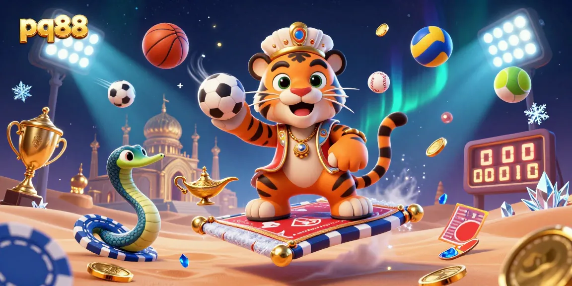 Engage in thrilling games at pq88, featuring a vibrant Arabian-themed illustration with dynamic casino elements.