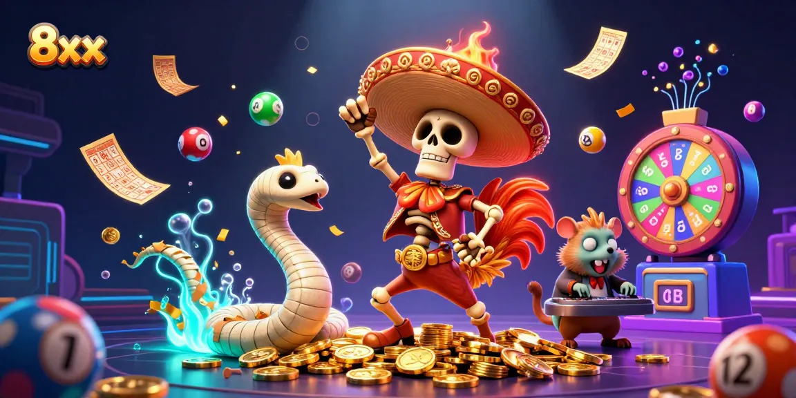 Experience thrilling gameplay at 8xx with lively cartoon characters in a dynamic casino scene.