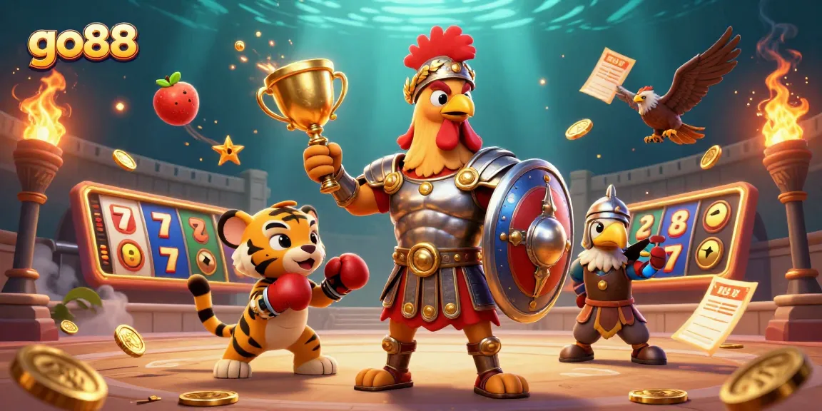 Win big at go88 with this vibrant illustration of a rooster warrior in a thrilling casino arena.