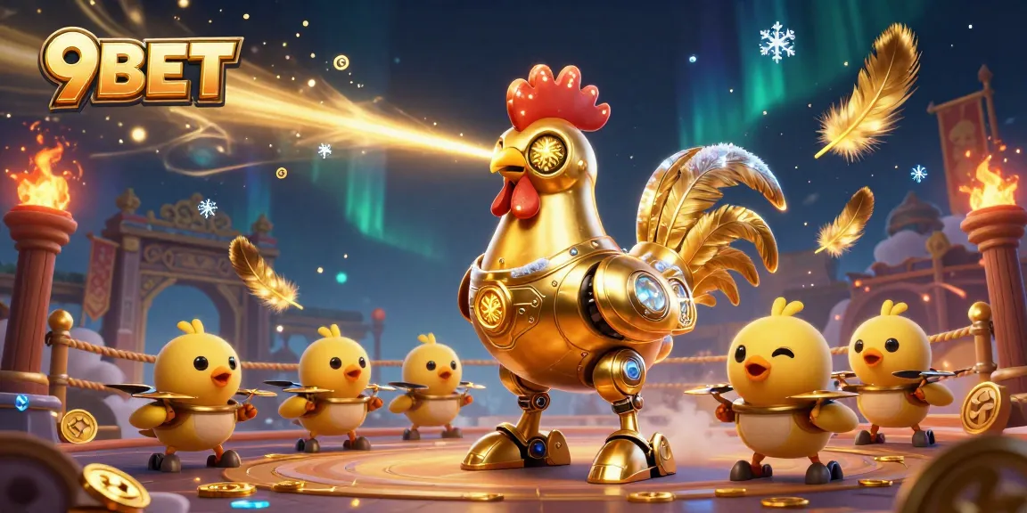 Experience thrilling action with 9BET in this vibrant casino illustration featuring a golden rooster robot.