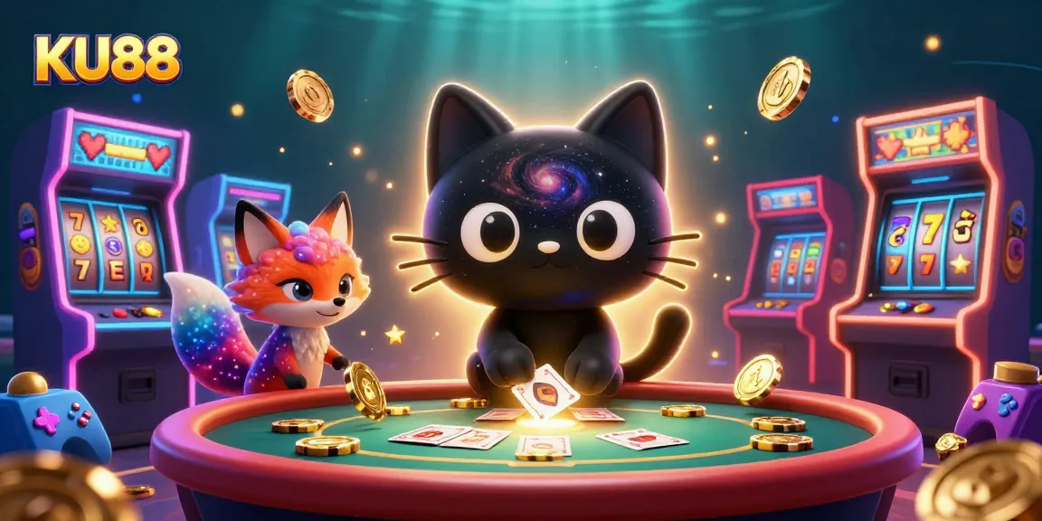 Engage with KU88 at a vibrant cosmic casino, featuring a black hole cat and colorful gaming elements.