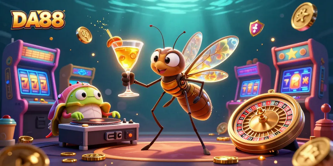 Experience the thrill of DA88 as a cartoon mosquito mascot dives into casino excitement with spinning reels and games.