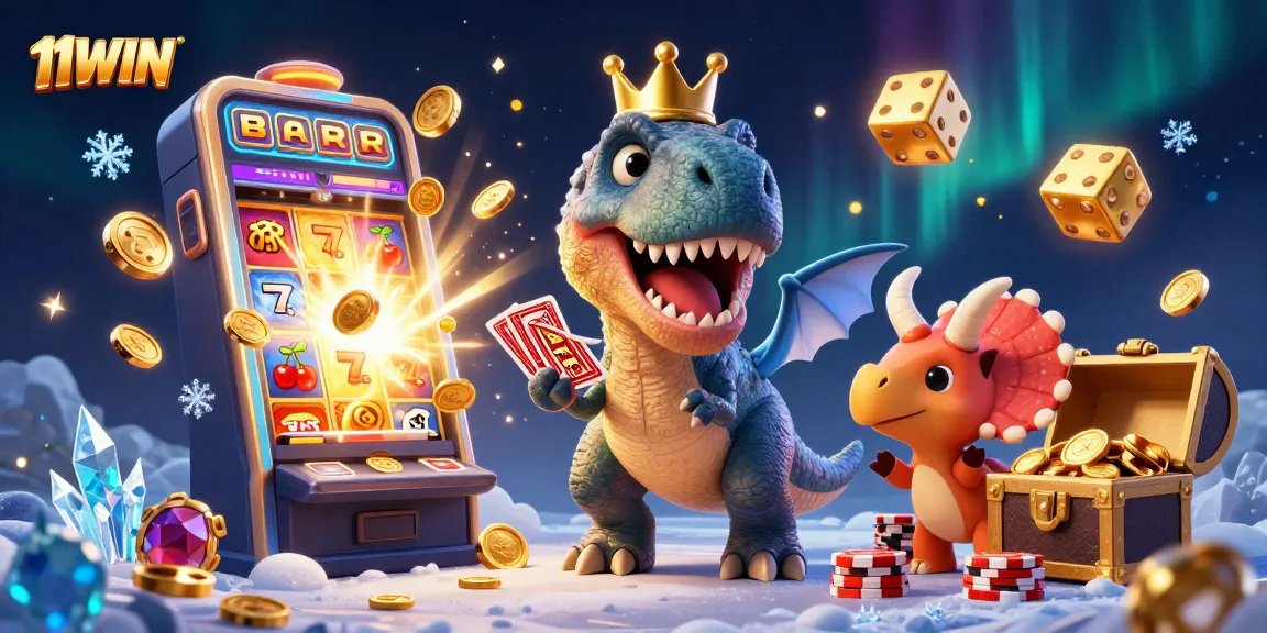 Engage with 11WIN at this vibrant casino scene with colorful characters and slot machines.