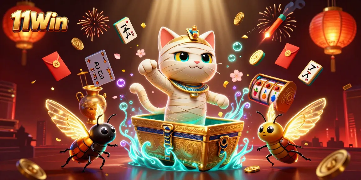 Win big with 11Win's vibrant casino scene featuring spinning slot reels and glowing treasures.