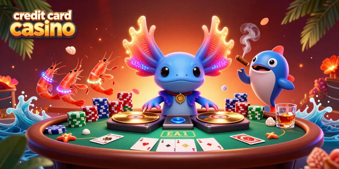 Dive into the vibrant world of credit card casinos with a neon axolotl DJ and lively shrimp dancers.