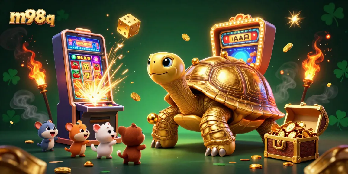 Exciting gaming scene showcasing m98 q with a golden tortoise pinball machine, thrilling slot machine action, and vibrant casino atmosphere.