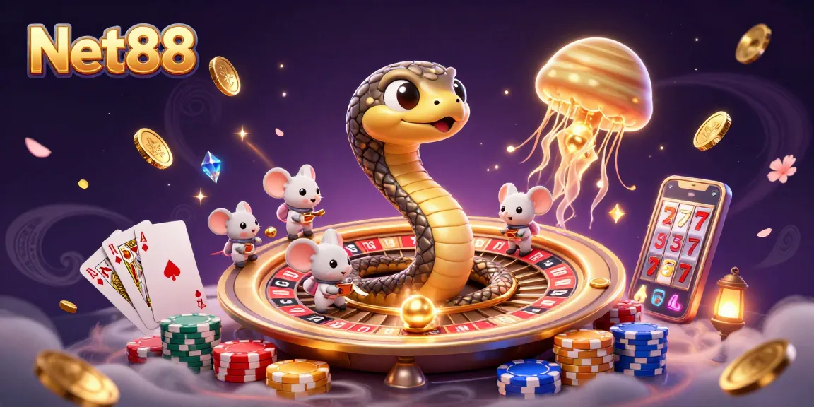 Engage with Net88's thrilling cosmic casino experience featuring animated characters and game elements.