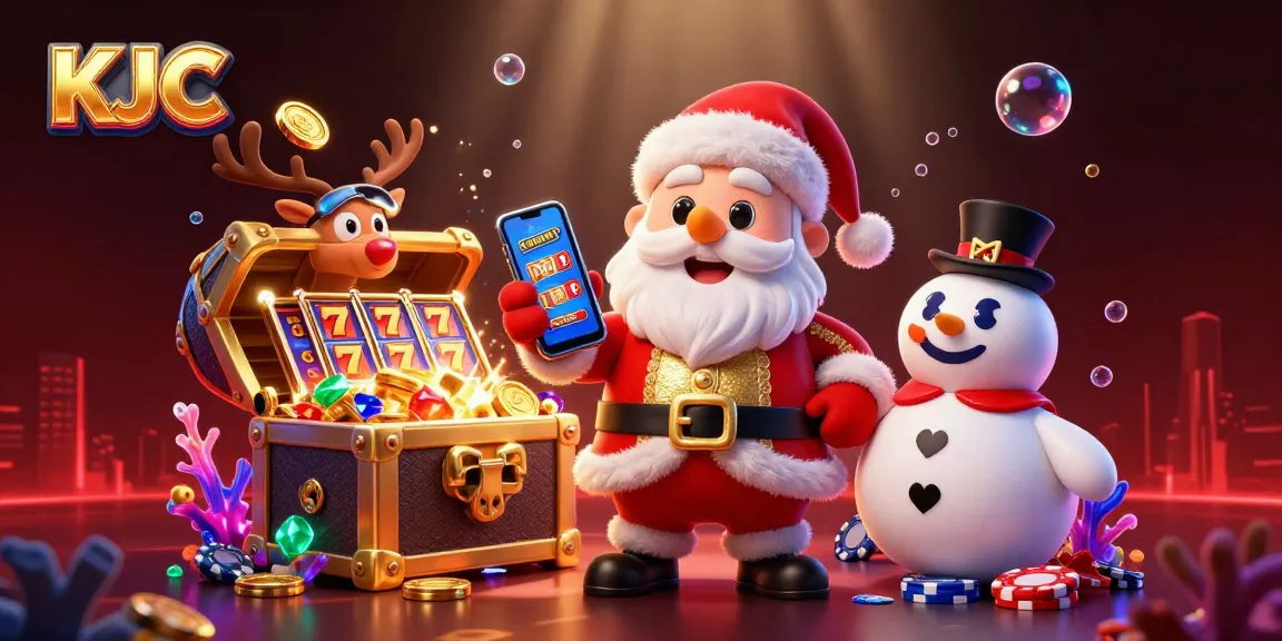 KJC offers thrilling gaming experiences with Santa, reindeer, and snowman amidst sparkling casino elements.