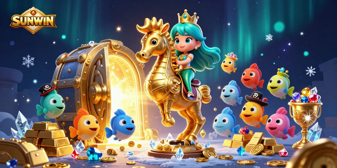 SUNWIN gaming adventure illustration featuring a mermaid princess, seahorse, and pirate fish in a treasure-filled scene with vibrant colors.