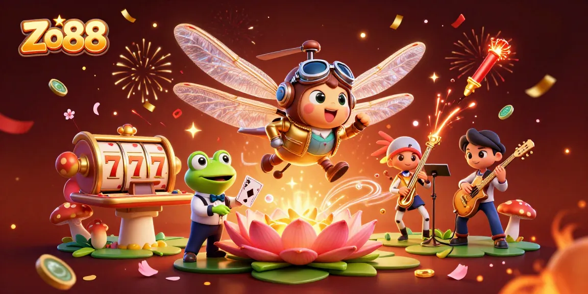 Engage with Zo88 at a vibrant lily pad casino, featuring dynamic gambling elements and colorful characters.