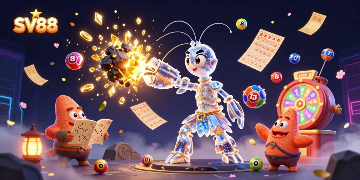 SV88 showcases a galactic samurai shrimp amidst a dynamic gambling scene filled with colorful elements and gold.