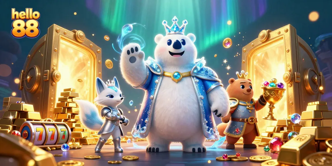 Experience the thrill of hello 88 with an enchanting scene of a polar bear king and fox, amidst slot reels and treasures.