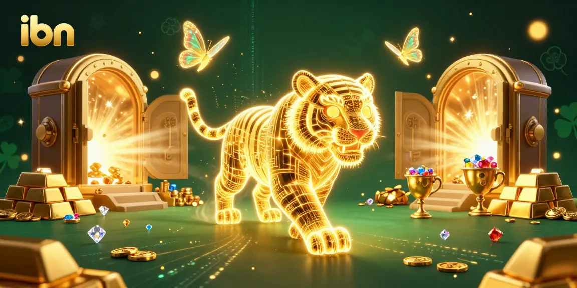 Experience the thrill of casino gaming with ibn, featuring a neon tiger amidst a treasure-filled landscape.