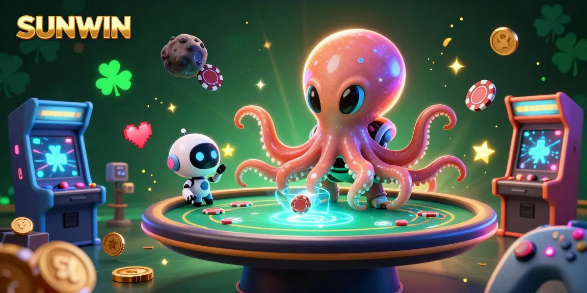 SUNWIN showcases a vibrant 3D casino scene where an alien octopus operates a holographic poker table amidst colorful game machines.