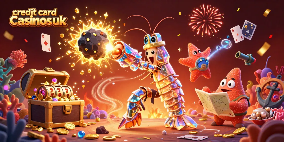 Experience excitement at credit card casinos uk with a dynamic 3D illustration of a galactic shrimp and treasure.