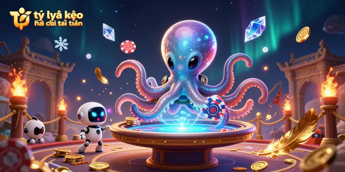 Engage with tỷ lệ kèo nhà cái trực tuyến in a colorful 3D casino scene featuring an alien octopus and a robot