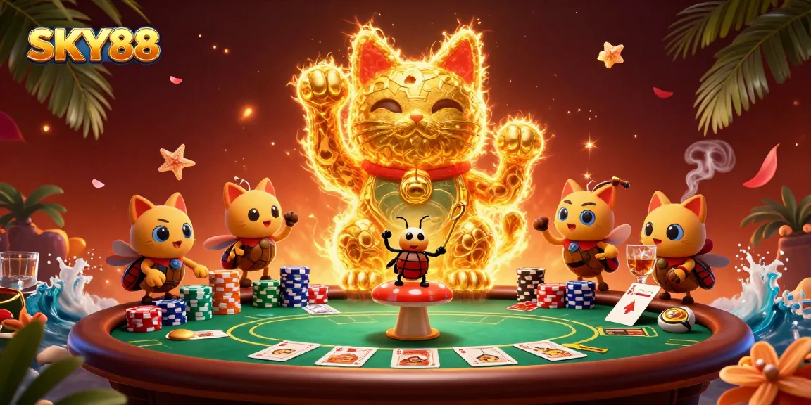 SKY88 showcases a vibrant scene with a lucky cat and poker elements, promoting an engaging gambling experience.
