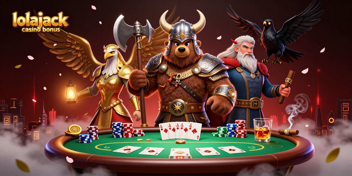 Witness the exciting lolajack casino bonus scene with a fierce Viking bear, Valkyrie eagle, and poker elements.