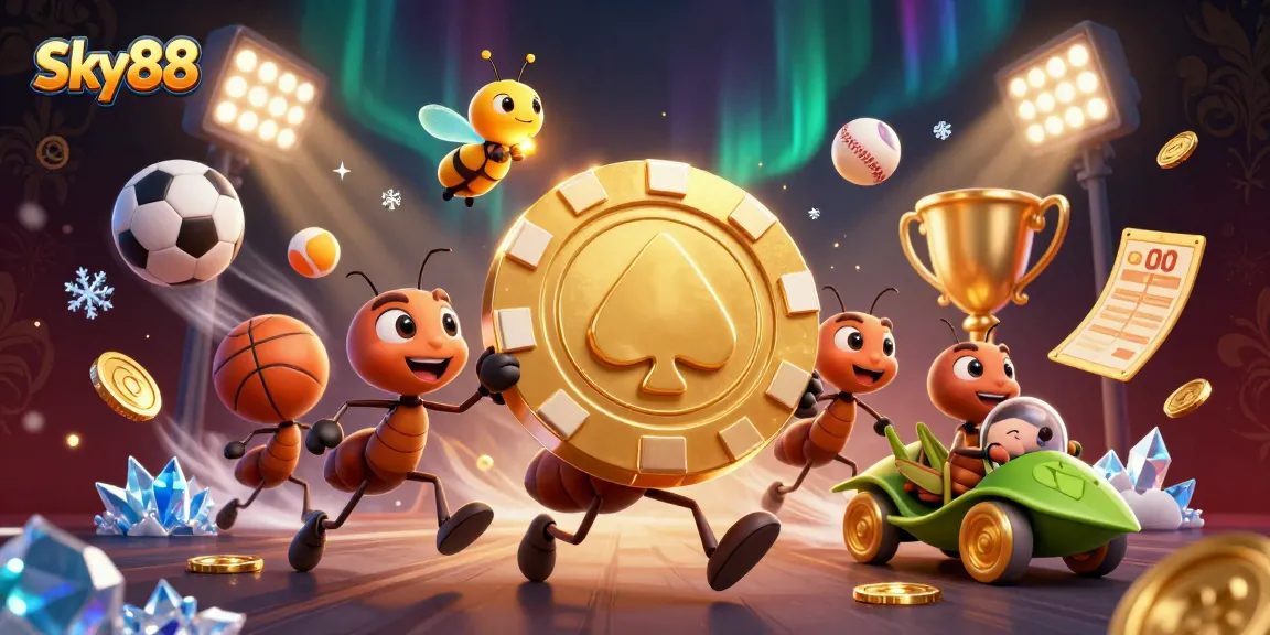 Sky88 showcases an adventurous heist scene with ants carrying a poker chip amidst dynamic sports elements.