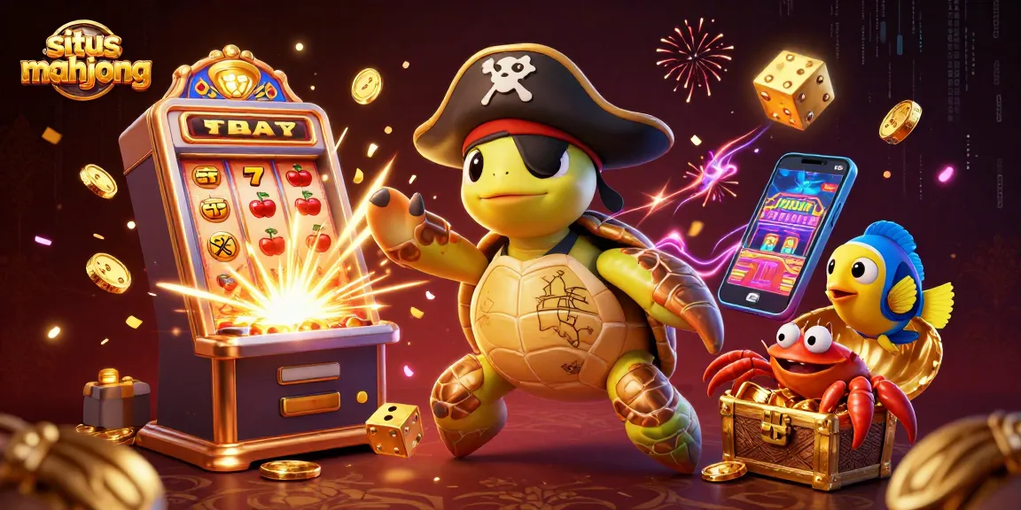 Engaging situs mahjong scene with a pirate turtle and treasures highlighting slots excitement.