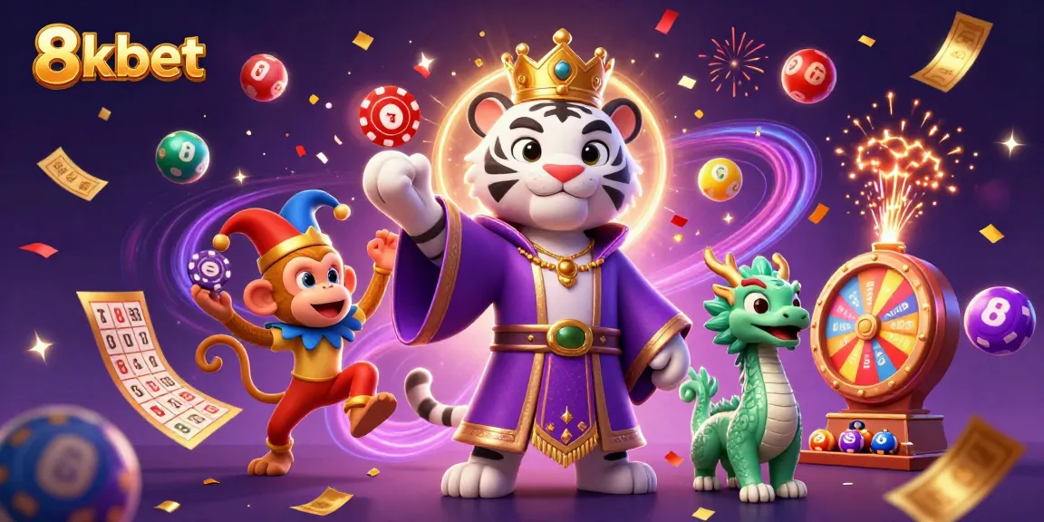 Immerse in the vibrant world of 8xbet with cartoon tiger and monkey amidst lottery excitement.