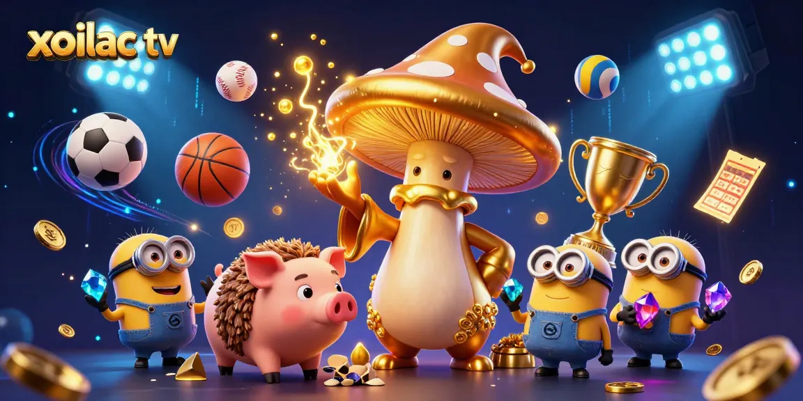 Xoilac tv offers a vibrant 3D scene showcasing sports betting excitement with dynamic elements.