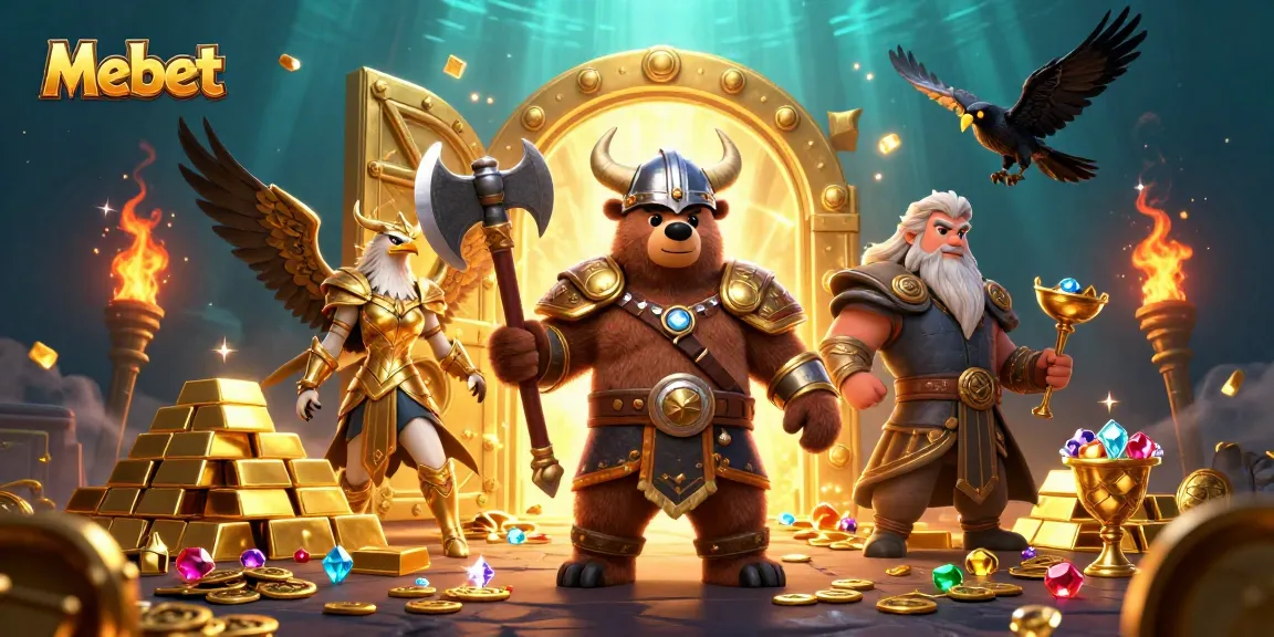 Mebet showcases Viking-themed gambling excitement with a bear, eagle, and treasure.