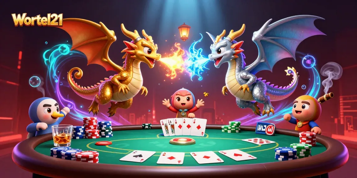 Engage in thrilling betting action with Wortel21 featuring dynamic dragon visuals and vibrant poker elements.