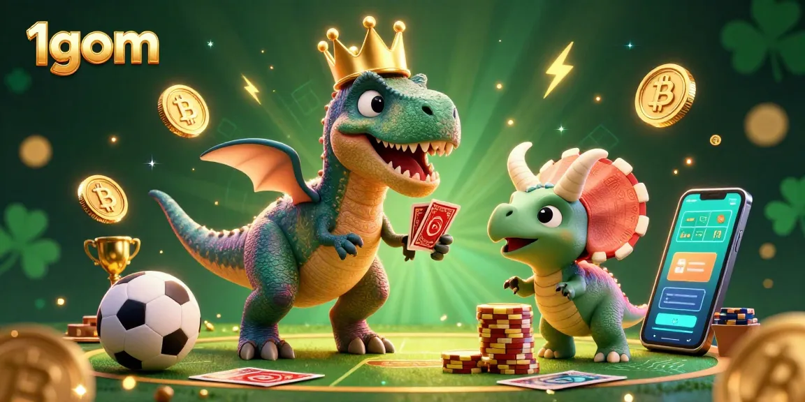 Experience exciting sports betting with 1gom as the T-Rex shuffles cards alongside vibrant elements.