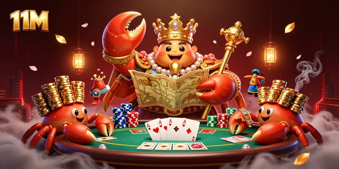 Engage with the 11M golden crab emperor in a dynamic casino scene filled with chips and cards.