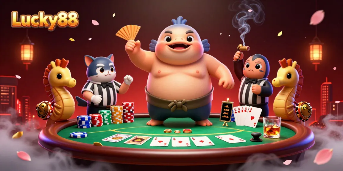 Engage in the thrilling Lucky88 slot with a fugu, catfish referee, and vibrant poker elements.