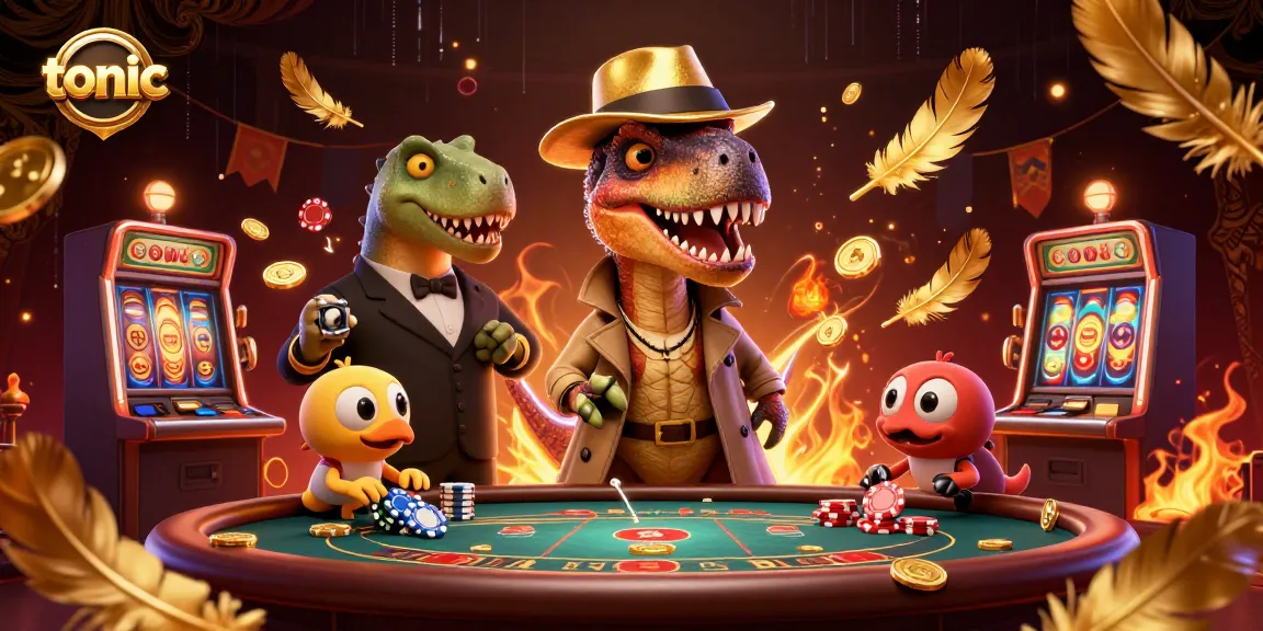 Tonic-themed illustration with a velociraptor card counter at a blackjack table, showcasing vibrant casino elements and an energetic atmosphere.
