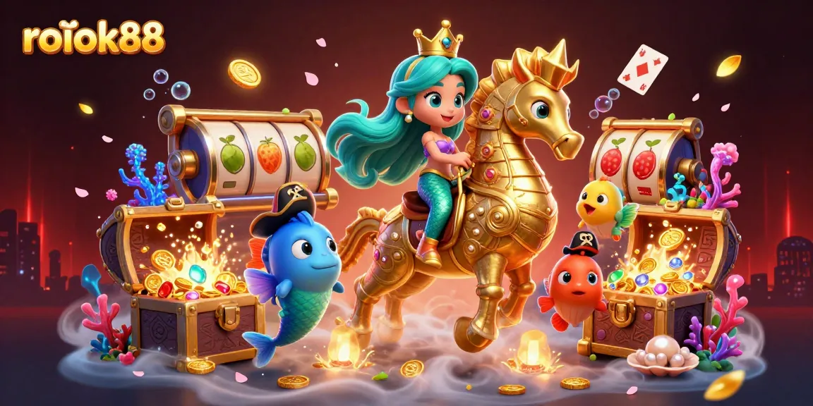 Experience the thrill of rokok88 with vibrant slot games and a mermaid princess riding a seahorse.