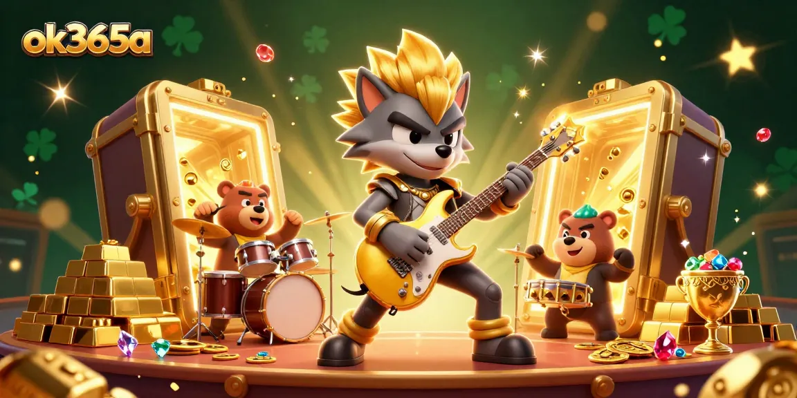 Experience energetic gaming scenes with ok365a's vibrant casino stage, featuring a rock star wolf and treasures.