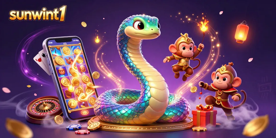 Play thrilling slots and jackpots with sunwint1, featuring a dynamic scene of gaming elements and magical characters.